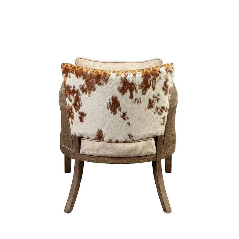 Fauteuil en chêne dossier cannage marron et beige, dossier cuir couleur caramel et assise en lin – 1 place
