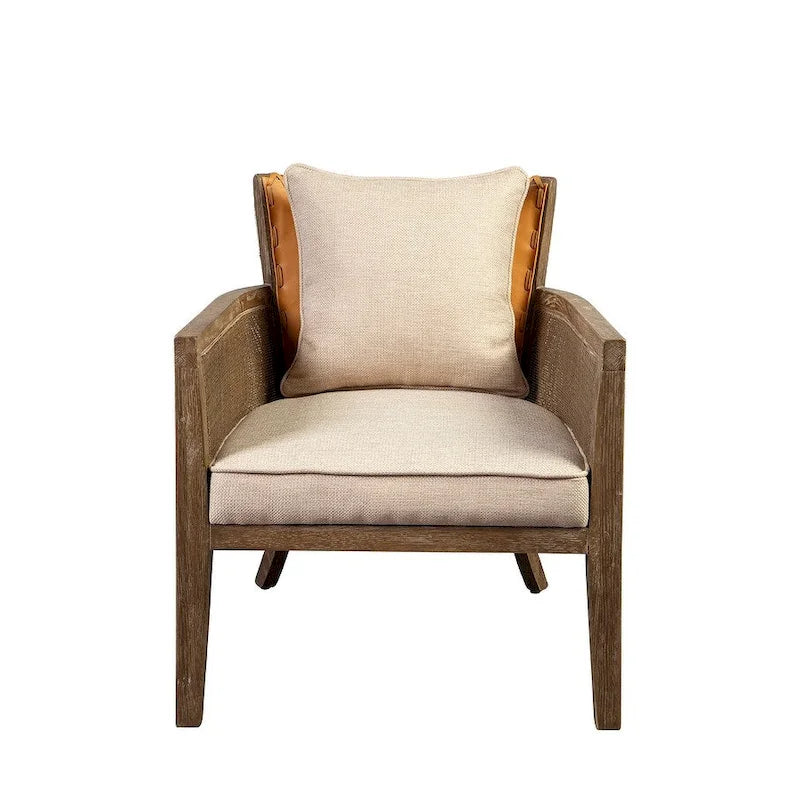 Fauteuil en chêne dossier cannage marron et beige, dossier cuir couleur caramel et assise en lin – 1 place