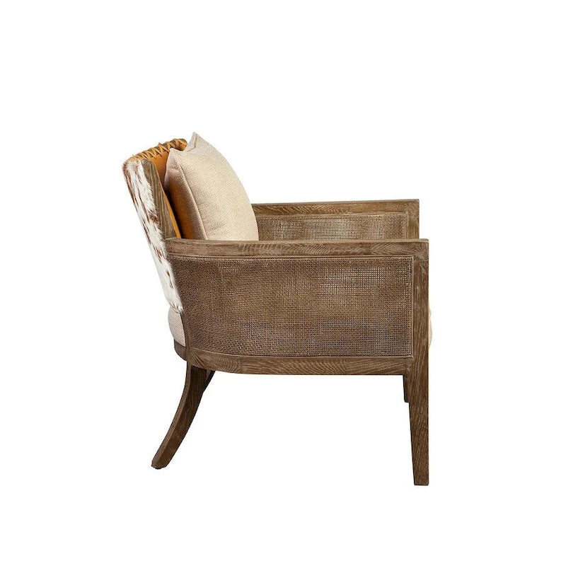 Fauteuil en chêne dossier cannage marron et beige, dossier cuir couleur caramel et assise en lin – 1 place