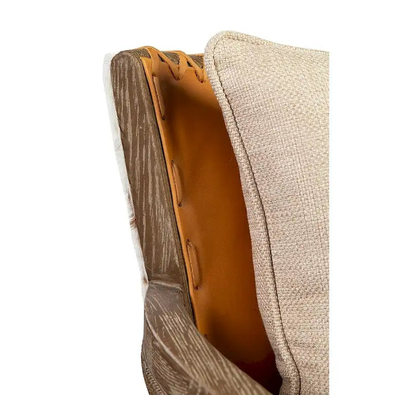 Fauteuil en chêne dossier cannage marron et beige, dossier cuir couleur caramel et assise en lin – 1 place