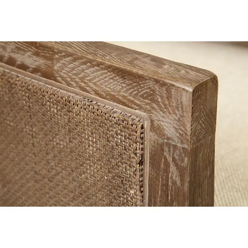 Fauteuil en chêne dossier cannage marron et beige, dossier cuir couleur caramel et assise en lin – 1 place