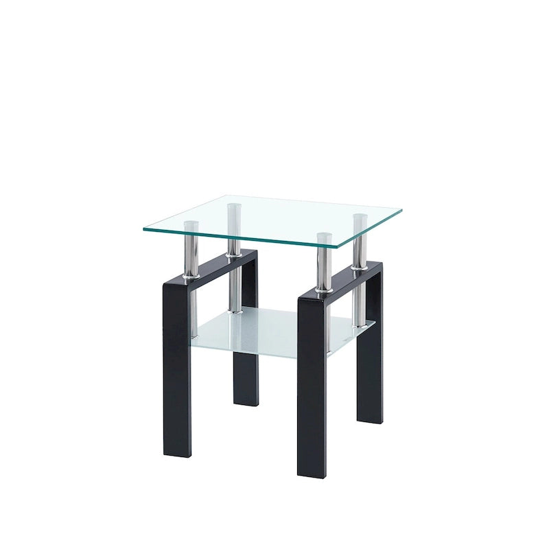 Table d'appoint de canapé en verre trempé à 2 couches noir/transparent avec pieds tubulaires en métal