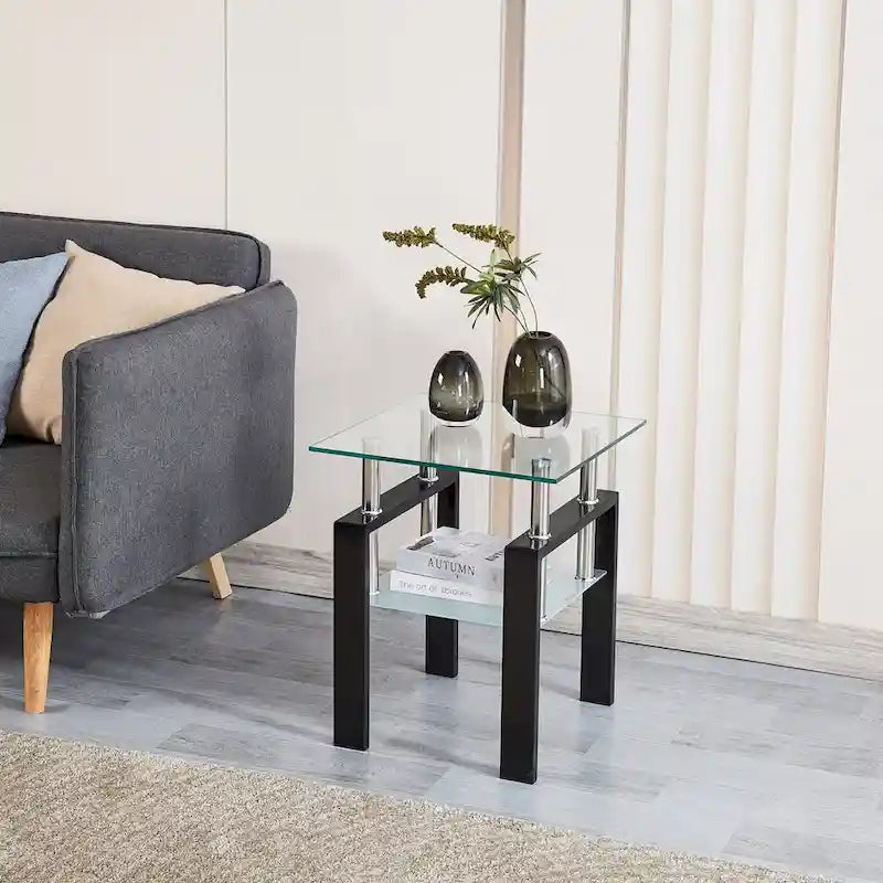 Table d'appoint de canapé en verre trempé à 2 couches noir/transparent avec pieds tubulaires en métal