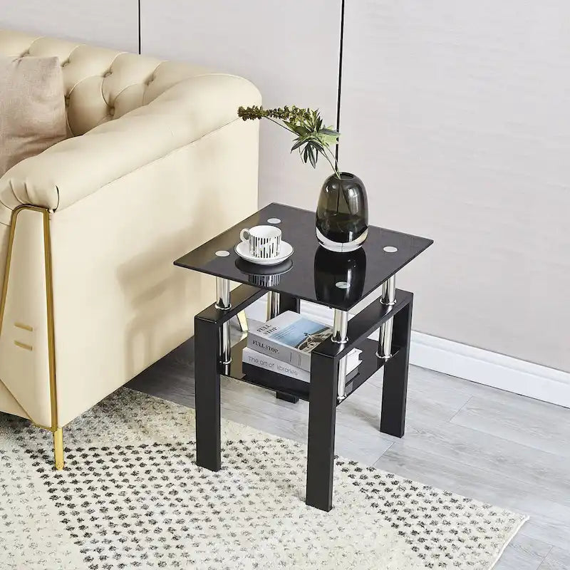 Table d'appoint de canapé en verre trempé à 2 couches noir/transparent avec pieds tubulaires en métal