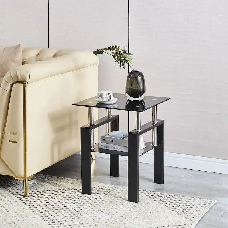 Table d'appoint de canapé en verre trempé à 2 couches noir/transparent avec pieds tubulaires en métal