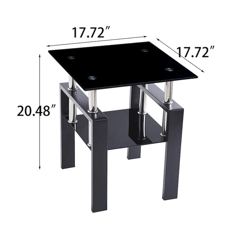 Table d'appoint de canapé en verre trempé à 2 couches noir/transparent avec pieds tubulaires en métal
