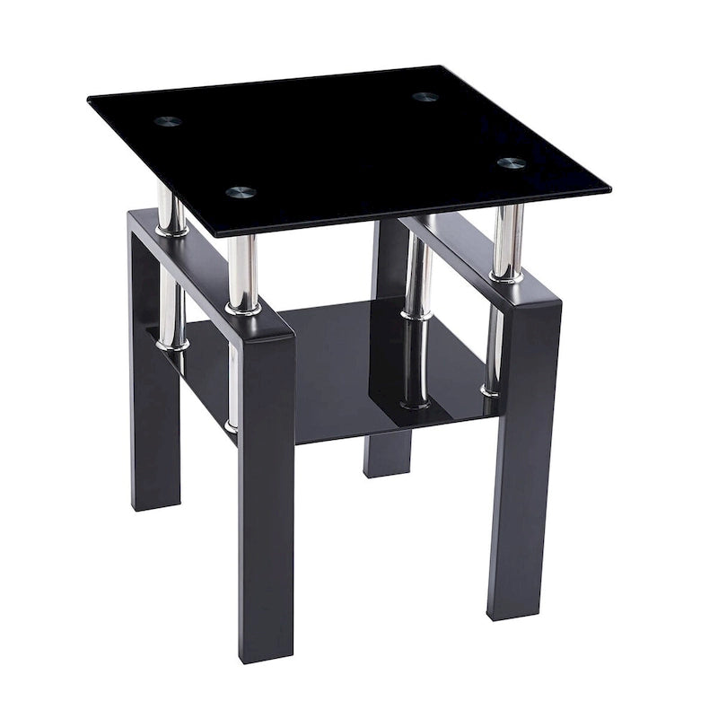 Table d'appoint de canapé en verre trempé à 2 couches noir/transparent avec pieds tubulaires en métal