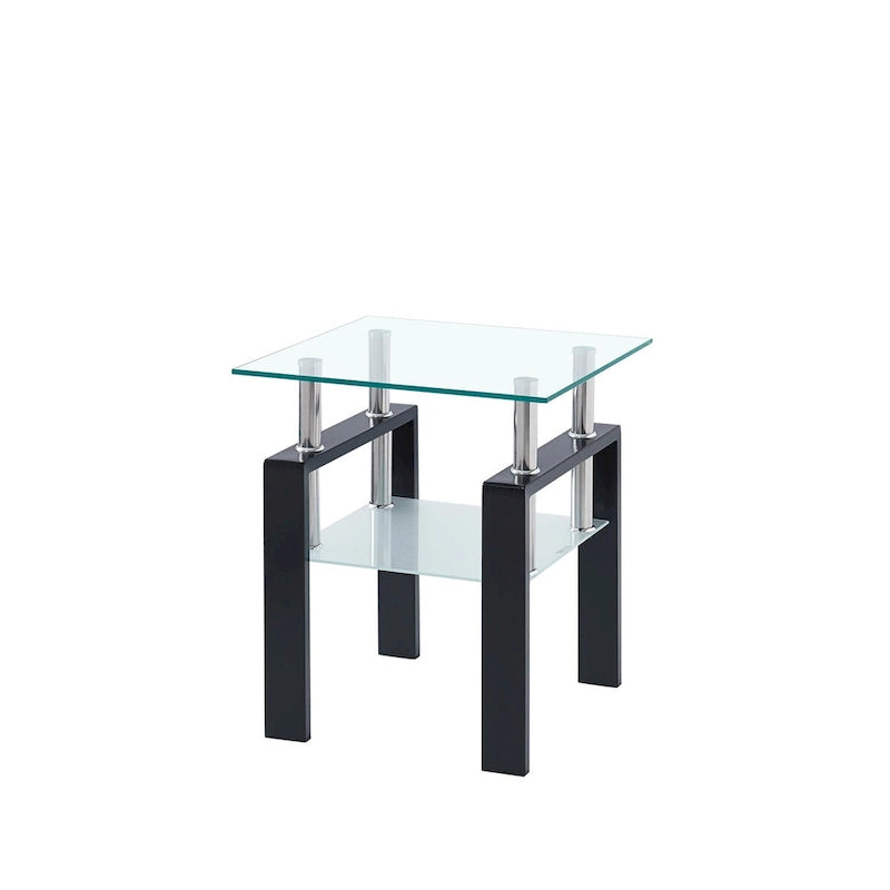 Table d'appoint de canapé en verre trempé à 2 couches noir/transparent avec pieds tubulaires en métal