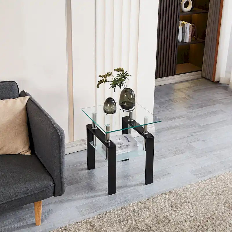 Table d'appoint de canapé en verre trempé à 2 couches noir/transparent avec pieds tubulaires en métal