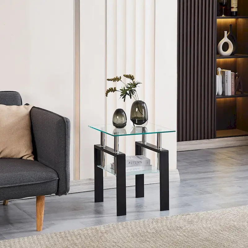 Table d'appoint de canapé en verre trempé à 2 couches noir/transparent avec pieds tubulaires en métal