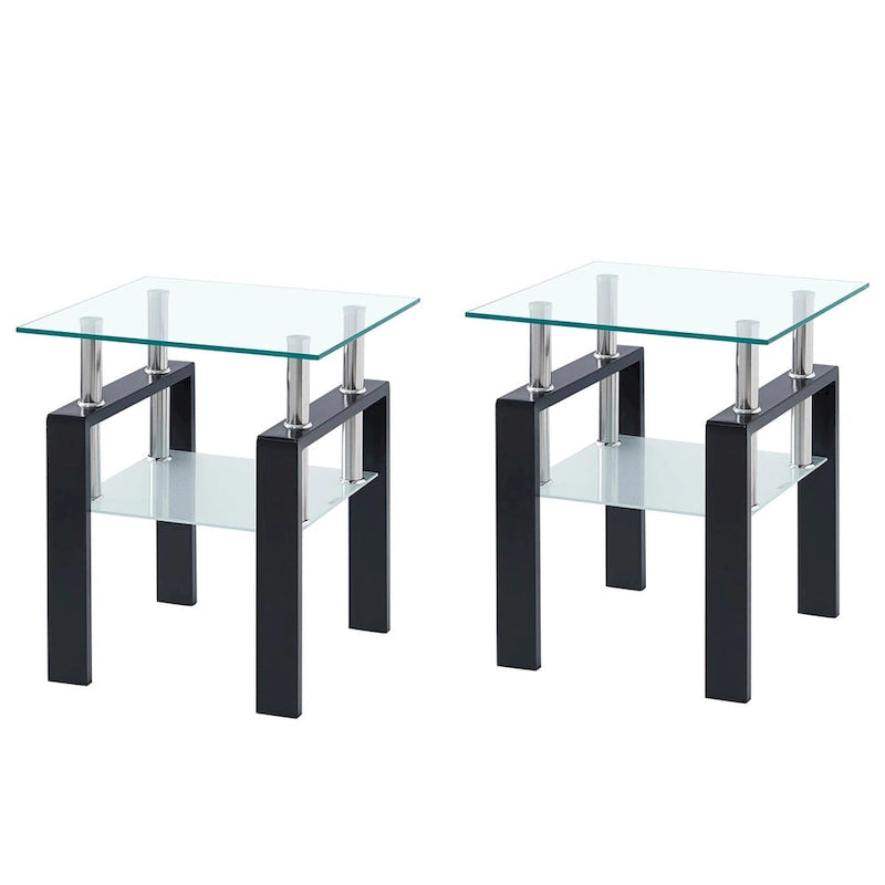 Table d'appoint de canapé en verre trempé à 2 couches noir/transparent avec pieds tubulaires en métal
