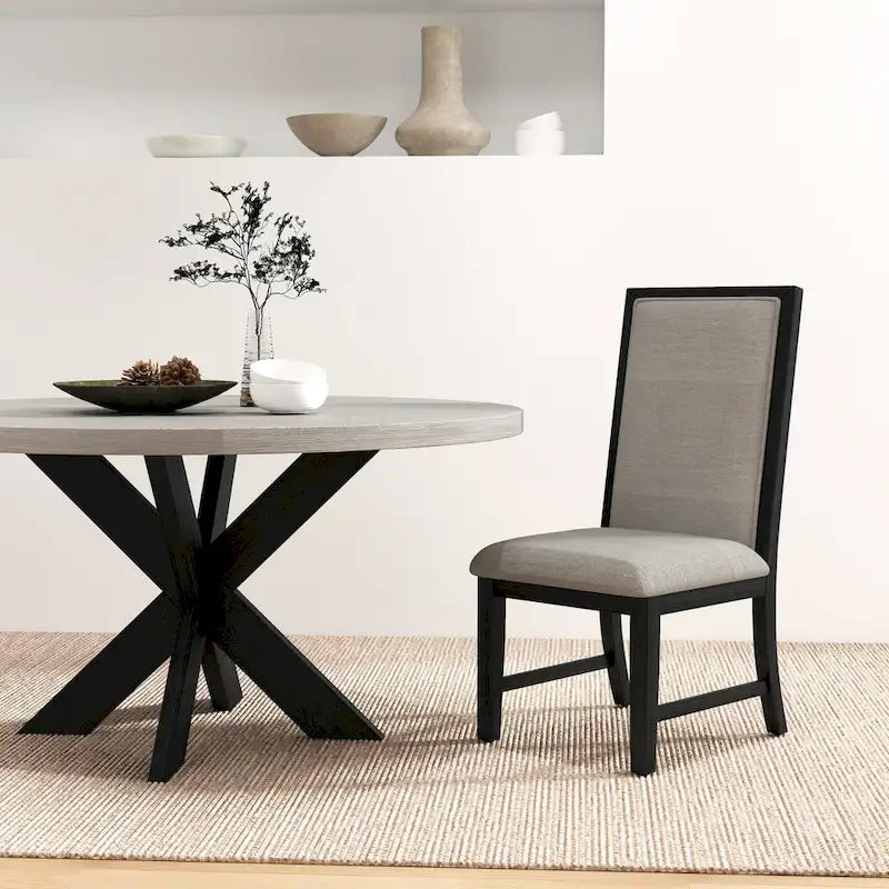 Table à manger ronde bicolore gris et noir avec piètement en pin entrecroisé – 4 places