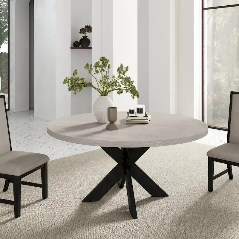 Table à manger ronde bicolore gris et noir avec piètement en pin entrecroisé – 4 places