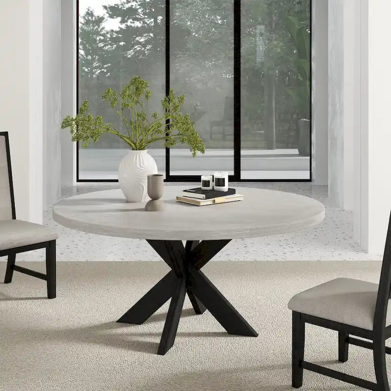 Table à manger ronde bicolore gris et noir avec piètement en pin entrecroisé – 4 places