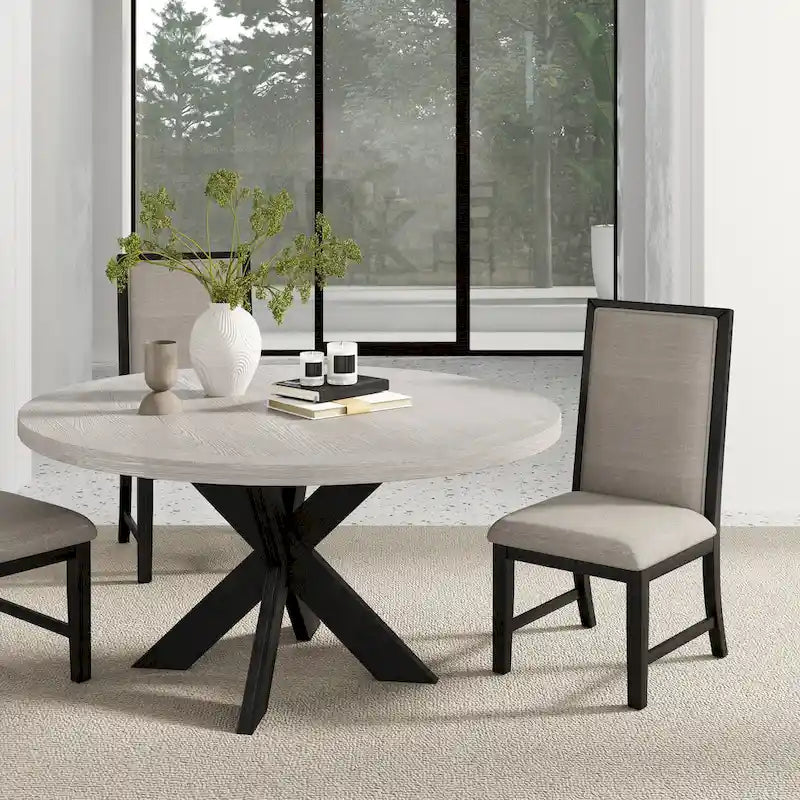 Table à manger ronde bicolore gris et noir avec piètement en pin entrecroisé – 4 places