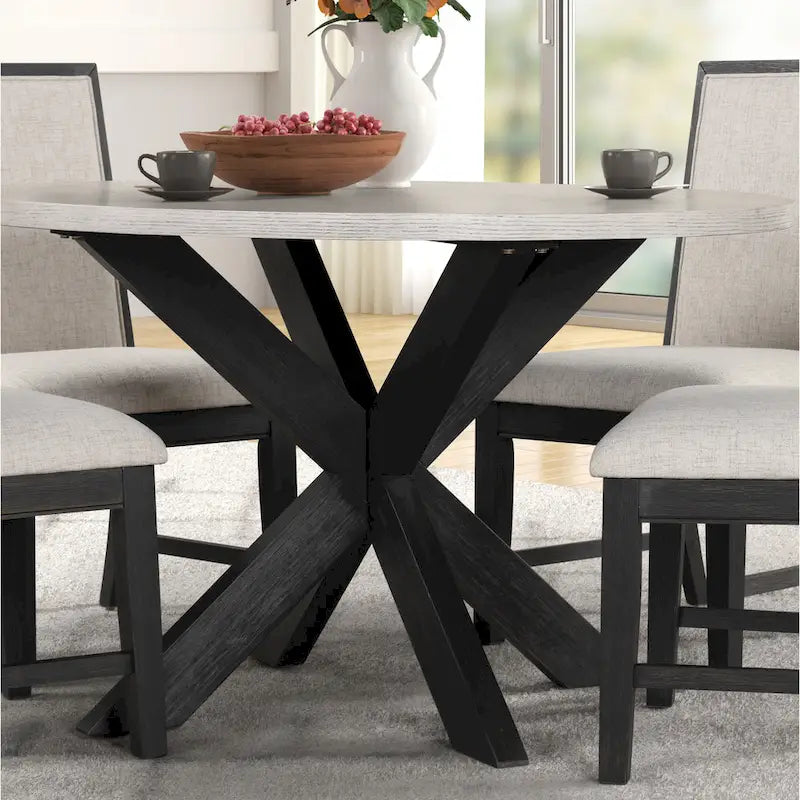 Table à manger ronde bicolore gris et noir avec piètement en pin entrecroisé – 4 places