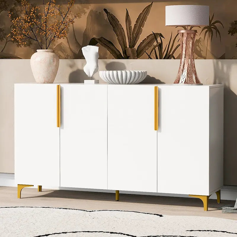 Meuble de rangement 4 portes blanc/noir/bleu marine brillant avec étagères réglables et poignées en métal – 1 pièce