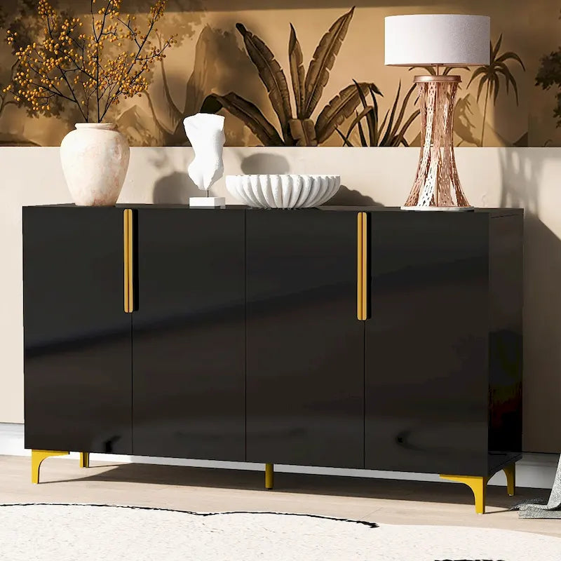 Meuble de rangement 4 portes blanc/noir/bleu marine brillant avec étagères réglables et poignées en métal – 1 pièce