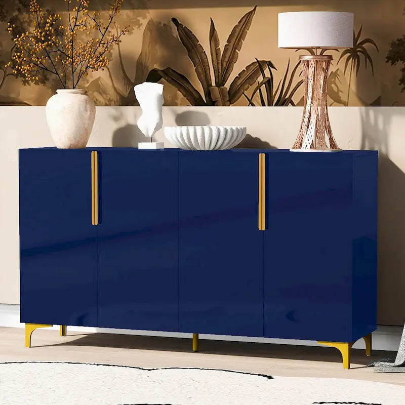 Meuble de rangement 4 portes blanc/noir/bleu marine brillant avec étagères réglables et poignées en métal – 1 pièce