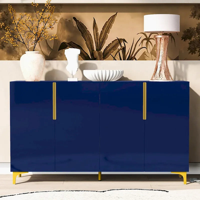 Meuble de rangement 4 portes blanc/noir/bleu marine brillant avec étagères réglables et poignées en métal – 1 pièce