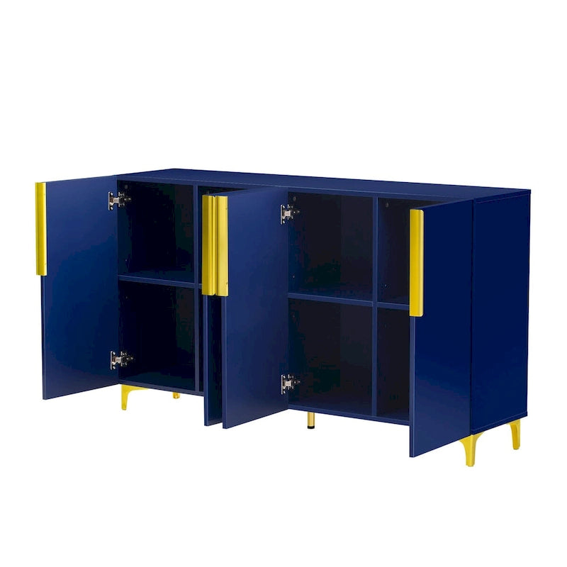 Meuble de rangement 4 portes blanc/noir/bleu marine brillant avec étagères réglables et poignées en métal – 1 pièce