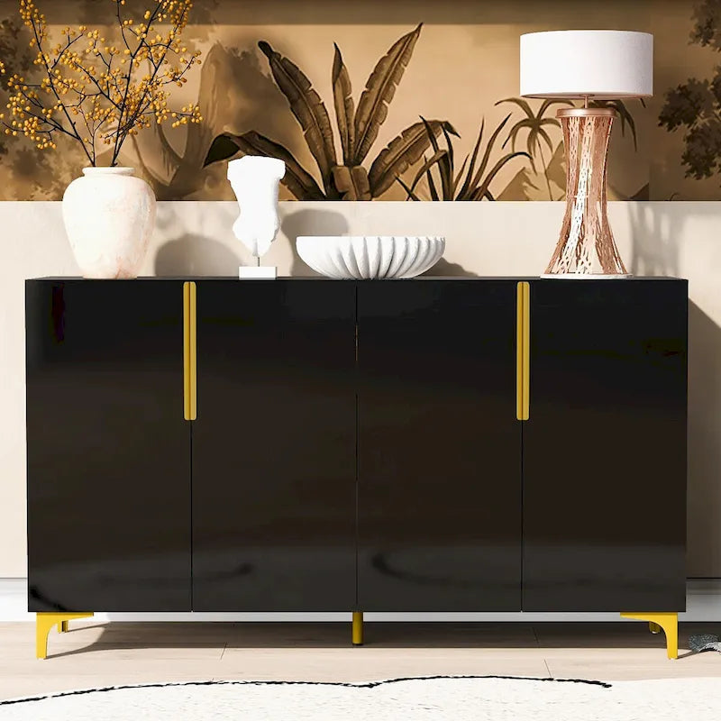 Meuble de rangement 4 portes blanc/noir/bleu marine brillant avec étagères réglables et poignées en métal – 1 pièce
