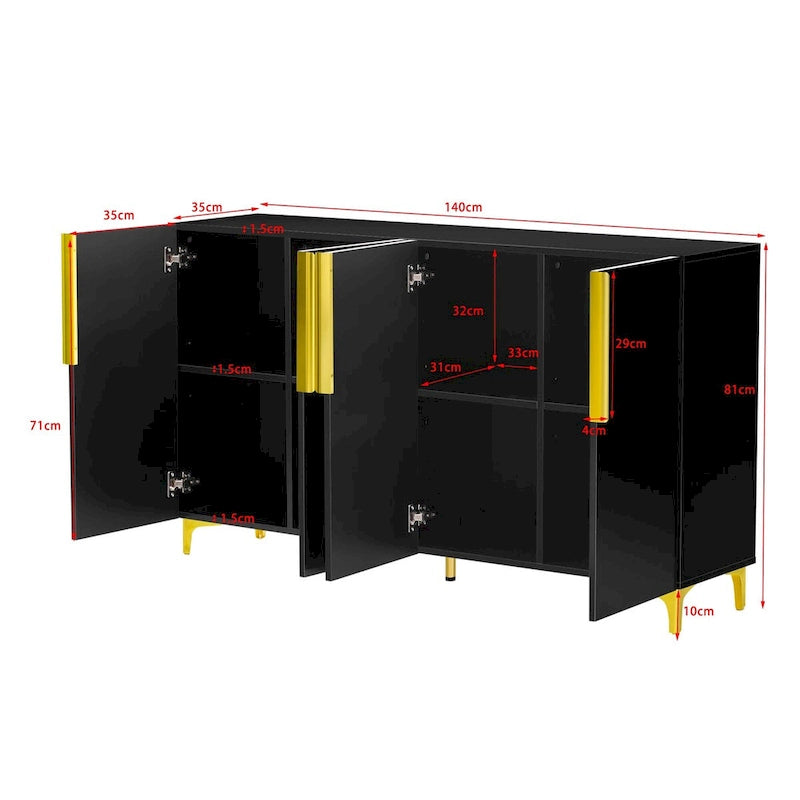 Meuble de rangement 4 portes blanc/noir/bleu marine brillant avec étagères réglables et poignées en métal – 1 pièce