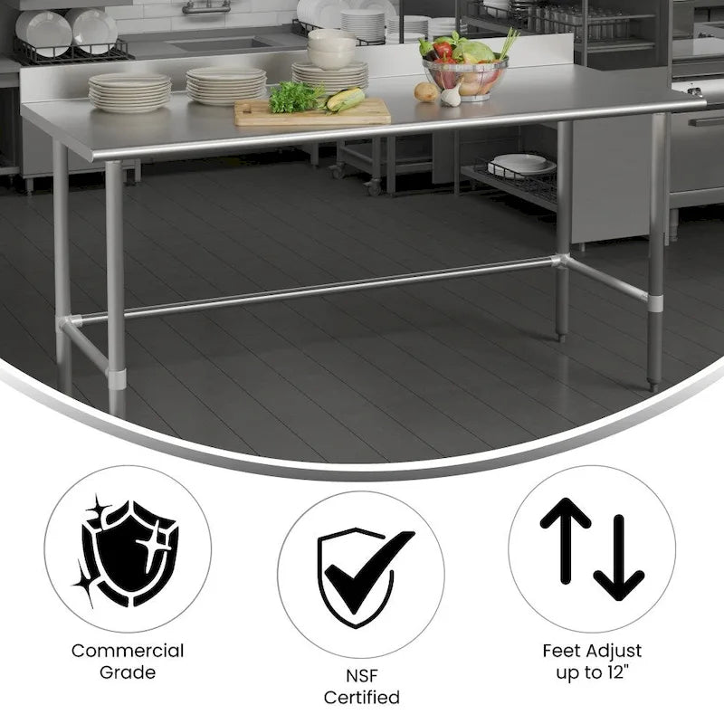 Table de préparation et de travail professionnelle en acier inoxydable Silver 430 avec dosseret et base ouverte