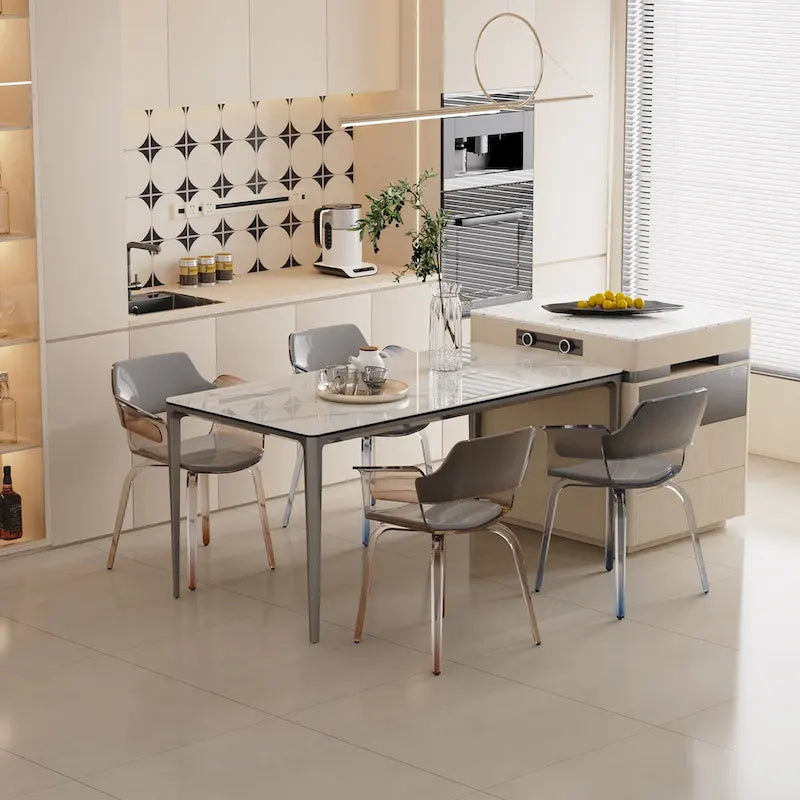 Table à manger rectangulaire en pierre frittée gris carbone et blanche et verre trempé avec pieds en aluminium – 6 places