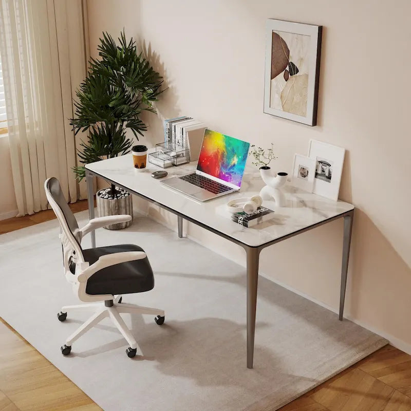 Table à manger rectangulaire en pierre frittée gris carbone et blanche et verre trempé avec pieds en aluminium – 6 places
