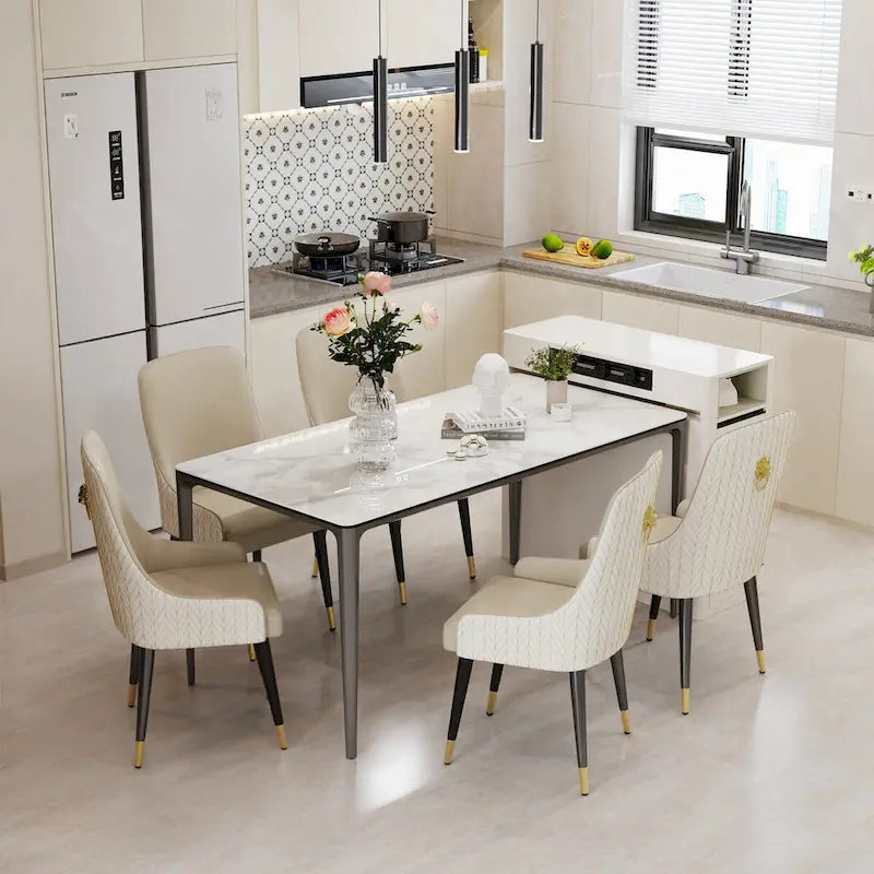 Table à manger rectangulaire en pierre frittée gris carbone et blanche et verre trempé avec pieds en aluminium – 6 places