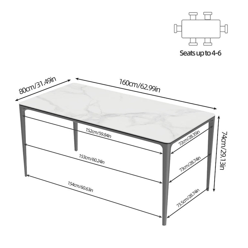 Table à manger rectangulaire en pierre frittée gris carbone et blanche et verre trempé avec pieds en aluminium – 6 places