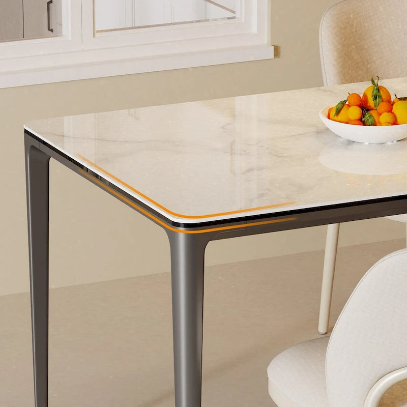 Table à manger rectangulaire en pierre frittée gris carbone et blanche et verre trempé avec pieds en aluminium – 6 places