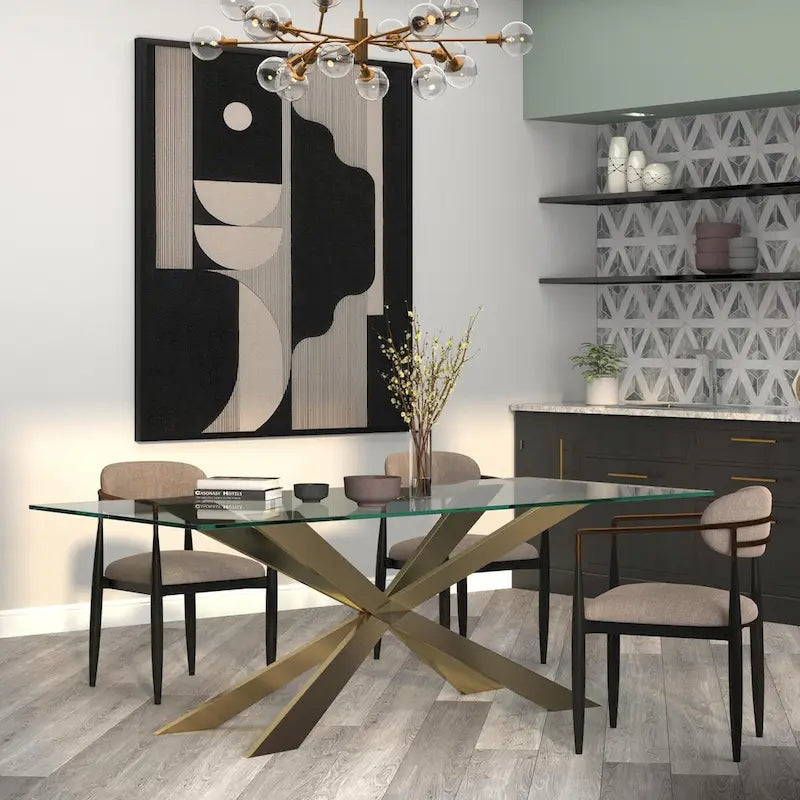 Table à manger en verre avec piètement croisé doré – Jusqu'à 4 places