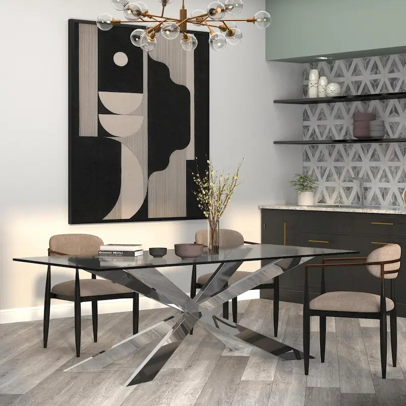 Table à manger en verre avec piètement croisé doré – Jusqu'à 4 places