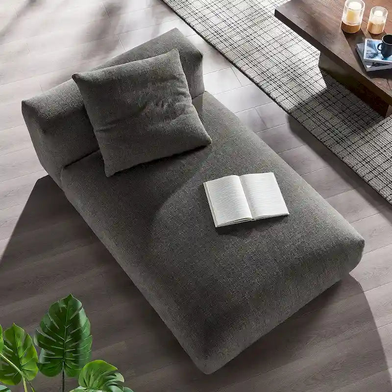 Chaise longue modulaire sans accoudoirs en tissu tissé avec coussin décoratif, 1 place, couleur charbon/lin/sel