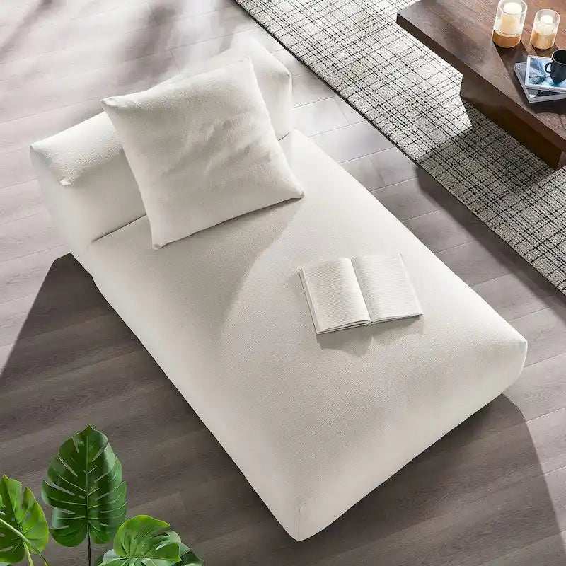 Chaise longue modulaire sans accoudoirs en tissu tissé avec coussin décoratif, 1 place, couleur charbon/lin/sel
