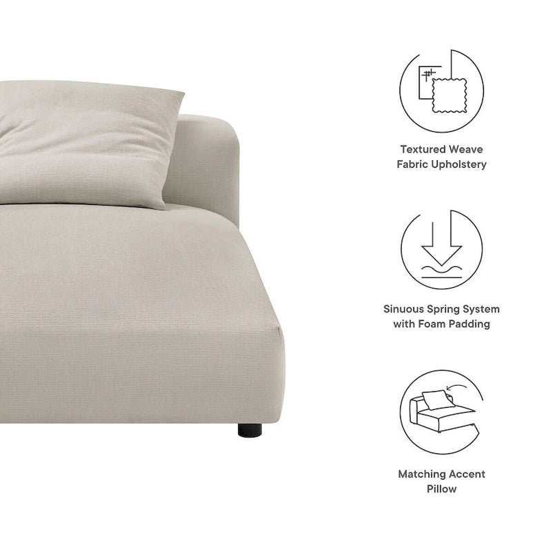 Chaise longue modulaire sans accoudoirs en tissu tissé avec coussin décoratif, 1 place, couleur charbon/lin/sel