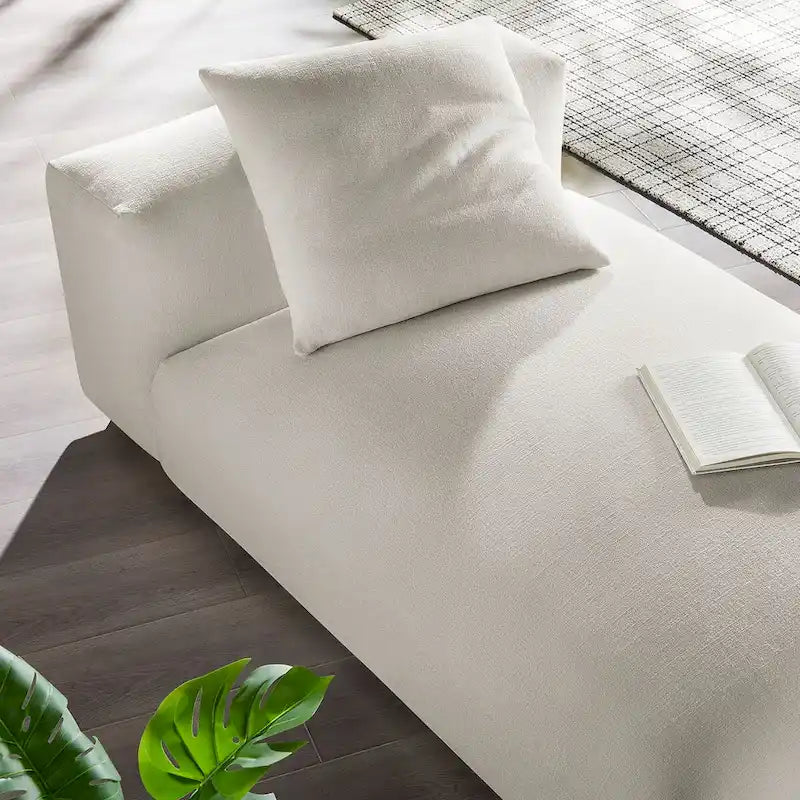 Chaise longue modulaire sans accoudoirs en tissu tissé avec coussin décoratif, 1 place, couleur charbon/lin/sel