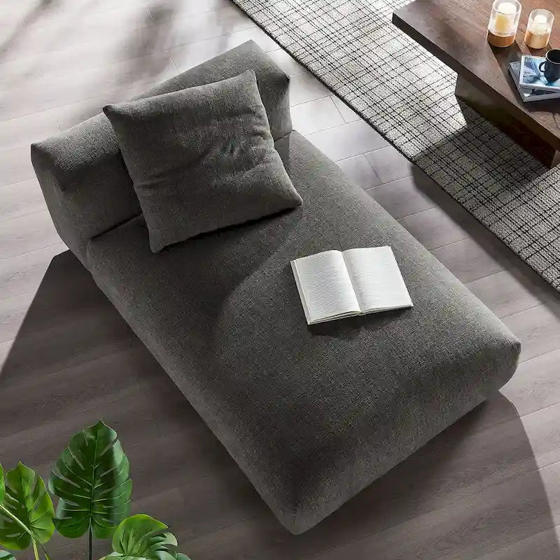 Chaise longue modulaire sans accoudoirs en tissu tissé avec coussin décoratif, 1 place, couleur charbon/lin/sel