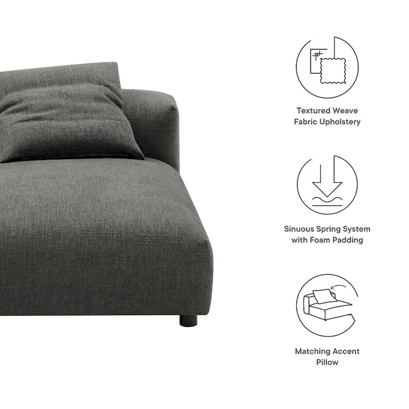 Chaise longue modulaire sans accoudoirs en tissu tissé avec coussin décoratif, 1 place, couleur charbon/lin/sel