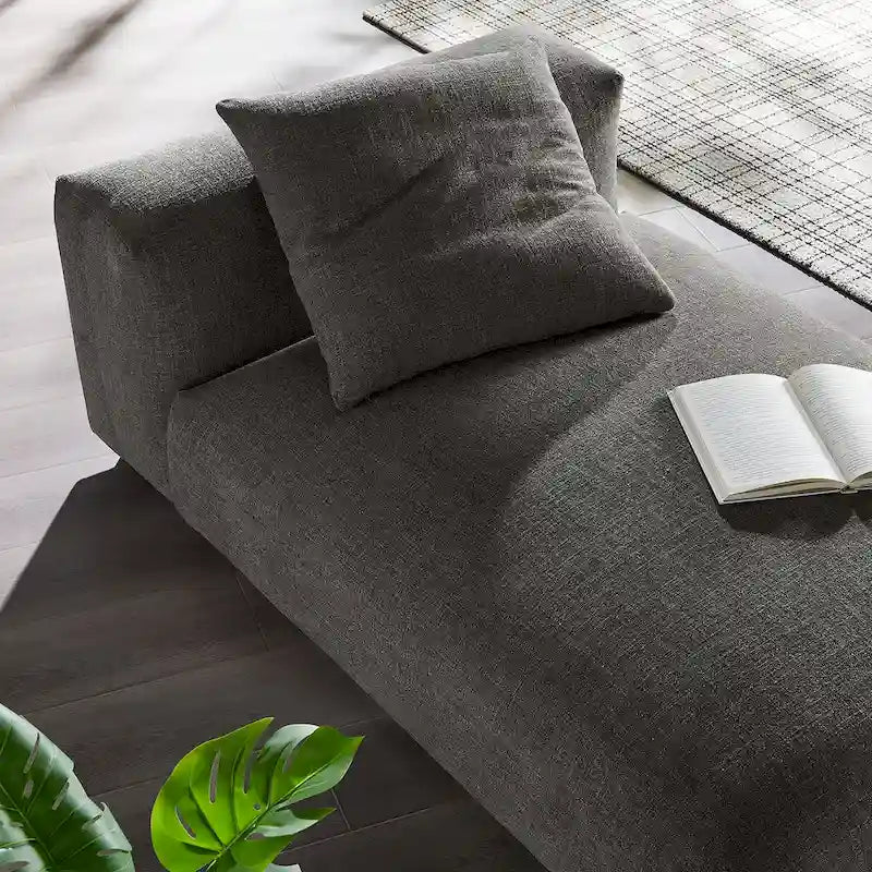 Chaise longue modulaire sans accoudoirs en tissu tissé avec coussin décoratif, 1 place, couleur charbon/lin/sel