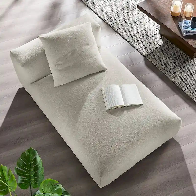 Chaise longue modulaire sans accoudoirs en tissu tissé avec coussin décoratif, 1 place, couleur charbon/lin/sel