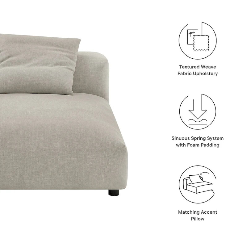 Chaise longue modulaire sans accoudoirs en tissu tissé avec coussin décoratif, 1 place, couleur charbon/lin/sel