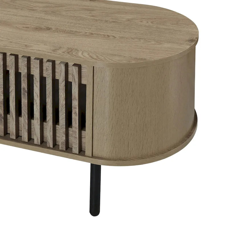 Meuble TV 2 étagères en Noyer Naturel avec Portes Coulissantes à Rideaux et Pieds en Métal Noir – 71 Pouces