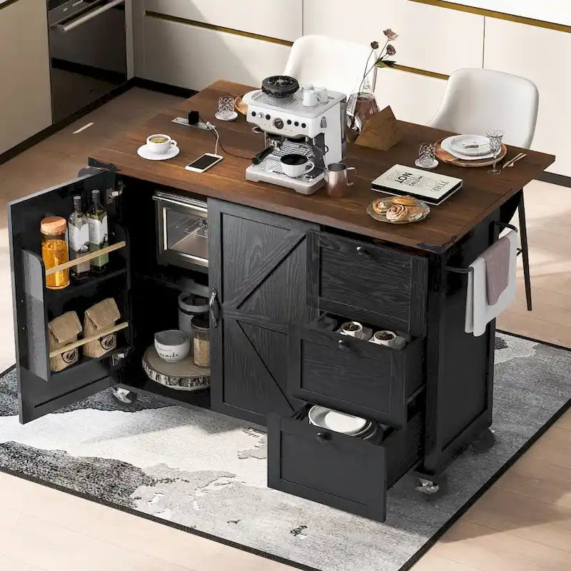 Îlot de cuisine roulant de style ferme noir/blanc avec abattant, 3 tiroirs, portes de grange et prise de courant – 1 pièce