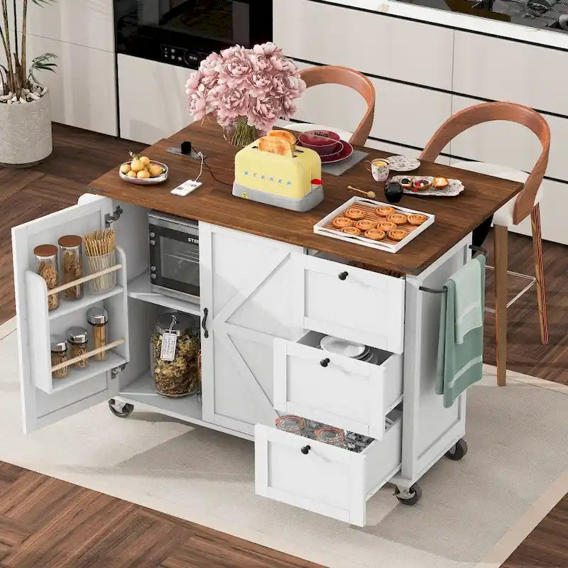 Îlot de cuisine roulant de style ferme noir/blanc avec abattant, 3 tiroirs, portes de grange et prise de courant – 1 pièce