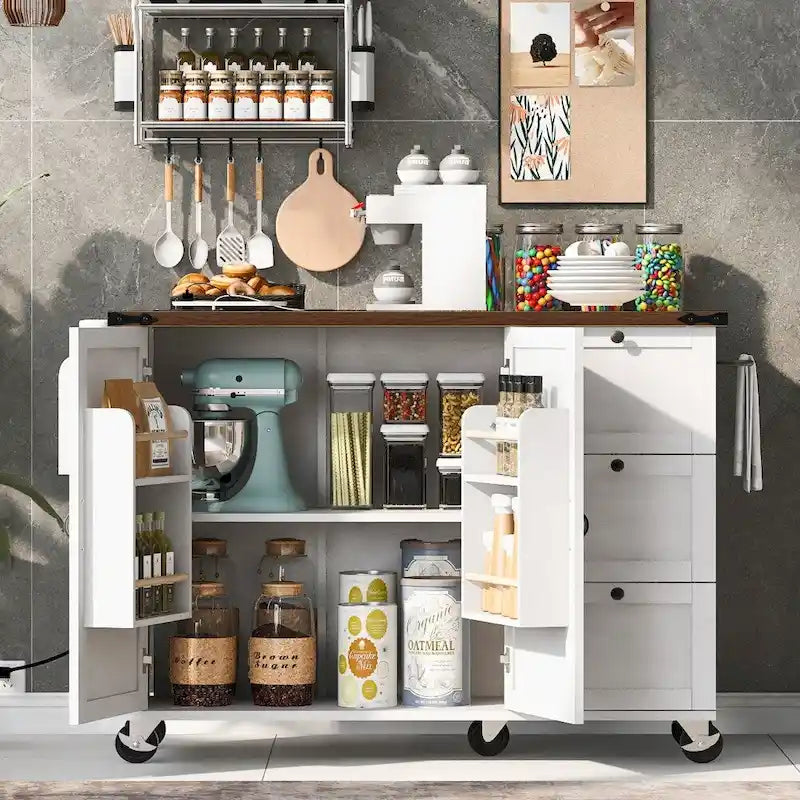 Îlot de cuisine roulant de style ferme noir/blanc avec abattant, 3 tiroirs, portes de grange et prise de courant – 1 pièce