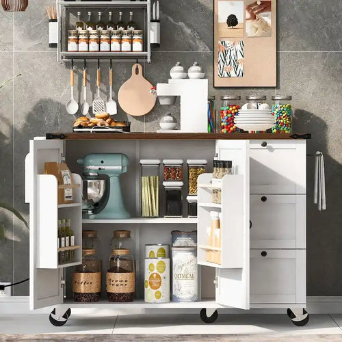 Îlot de cuisine roulant de style ferme noir/blanc avec abattant, 3 tiroirs, portes de grange et prise de courant – 1 pièce