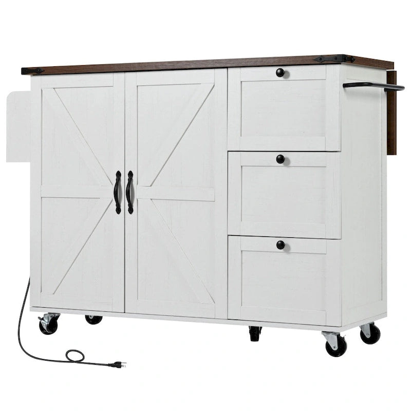Îlot de cuisine roulant de style ferme noir/blanc avec abattant, 3 tiroirs, portes de grange et prise de courant – 1 pièce